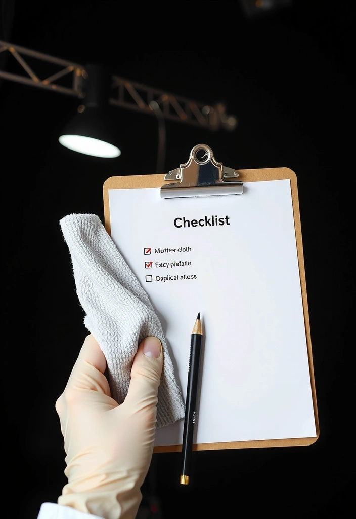 Gros plan main gantée tenant chiffon et fiche de contrôle